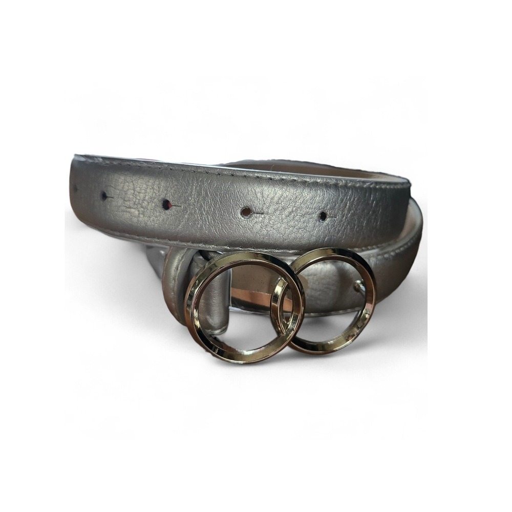 Metallic Silver Belt Women XL Double Ring Hidden Hook Buckle Vegan Leather Disco